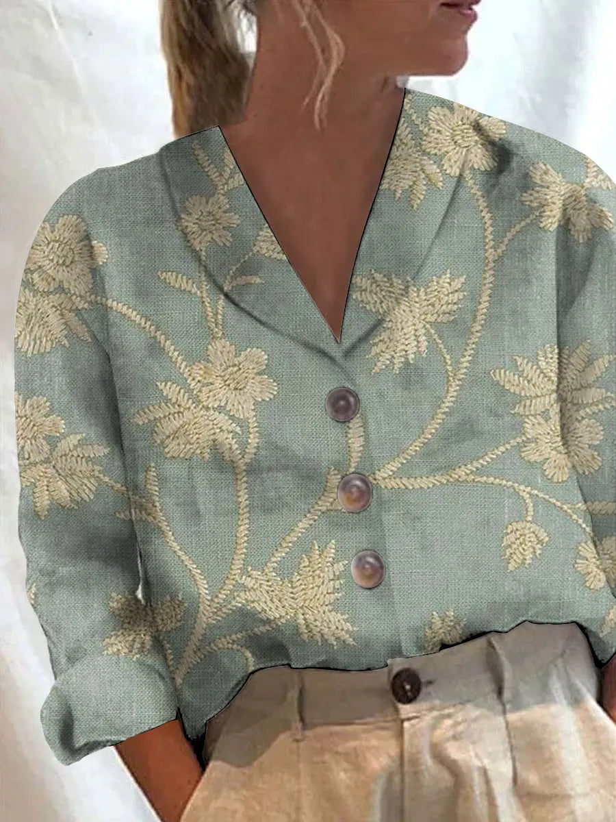 Women's Retro Floral Art Print Casual Cotton Casual Blouse