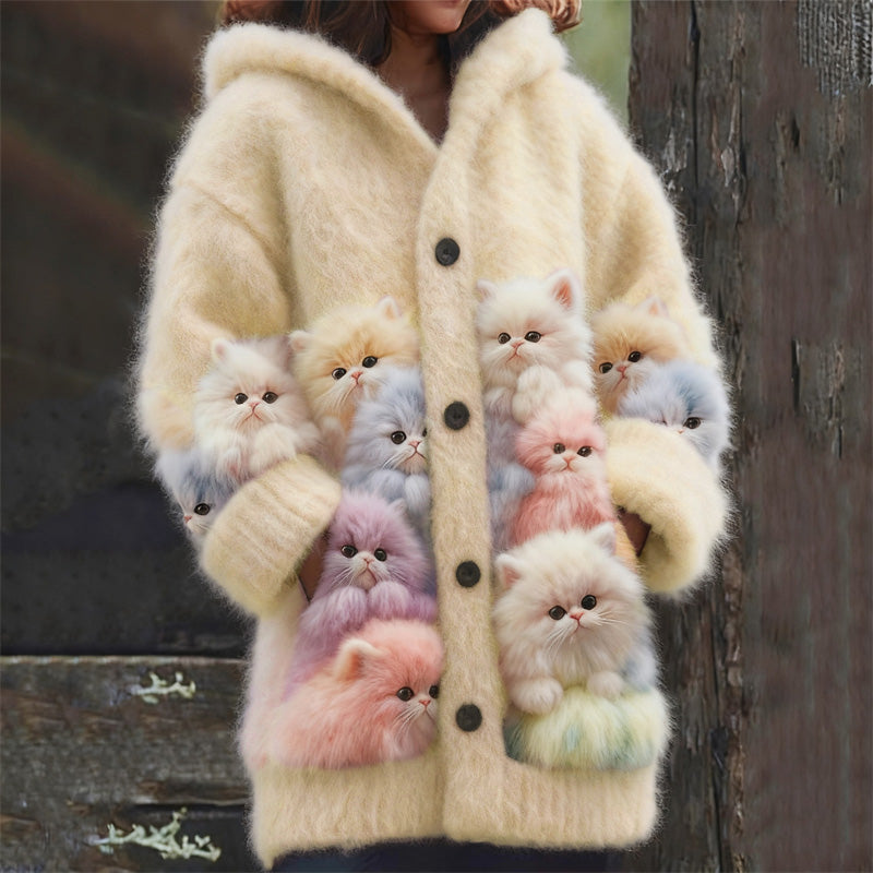 Lovely Fuzzy Colorful Cats Cozy Hooded Cardigan