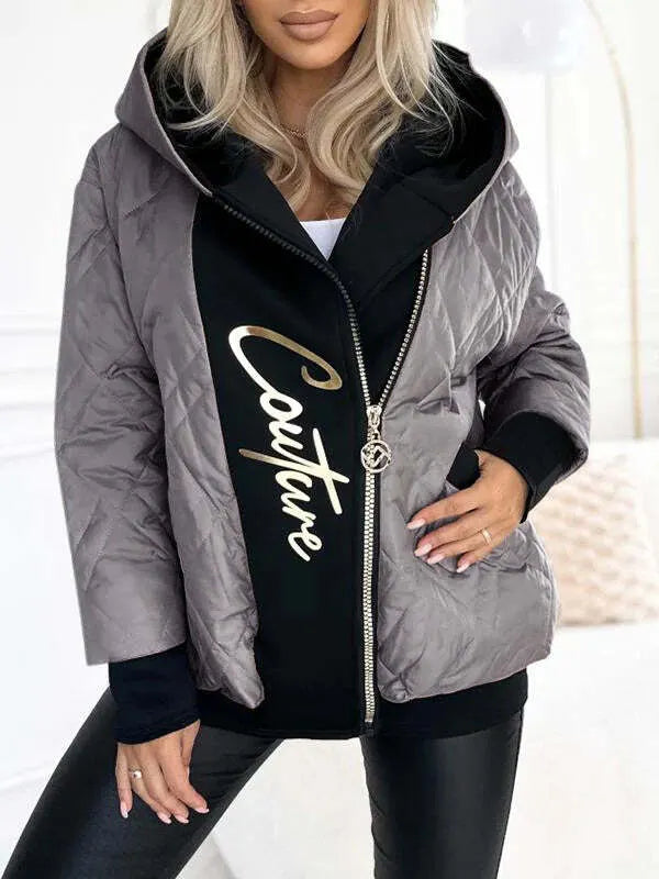 🔥Limited-time deal!😍Women's Hooded Zipper Stitching Contrast Color Letter Print Casual Cotton Coat