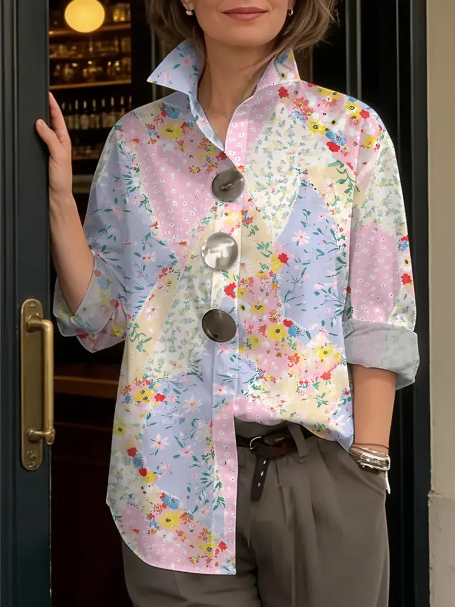 Women's Floral Art Print Casual Long Sleeve Cotton Shirt