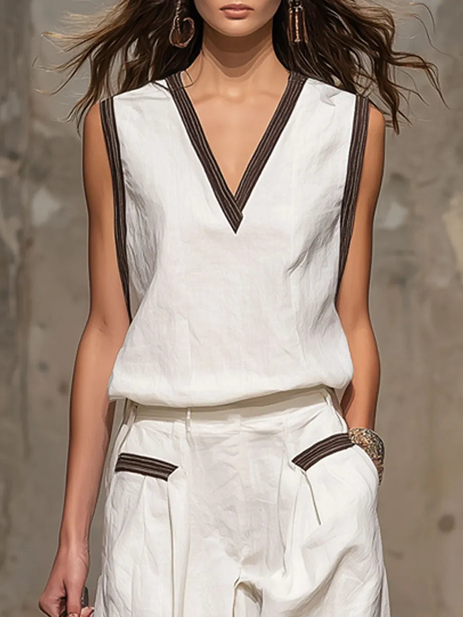 Casual Retro Brown-trimmed White Cotton Linen Sleeveless Top And Pants Set