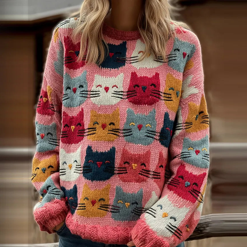 Women's Colorful Cats Pattern Art Cozy  Knit Sweater
