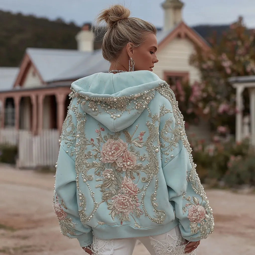 Women's Retro Bohemian Floral Embroidery Casual Hooded Sweatshirt