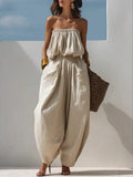 Casual Loose Sleeveless Tapered Cotton And Linen Jumpsuit