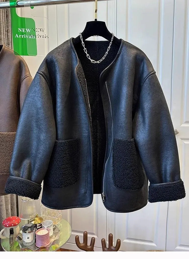 Women Drop Shoulder Pocket Vintage Faux Leather Sherpa Lined Zip Jacket  Outerwear