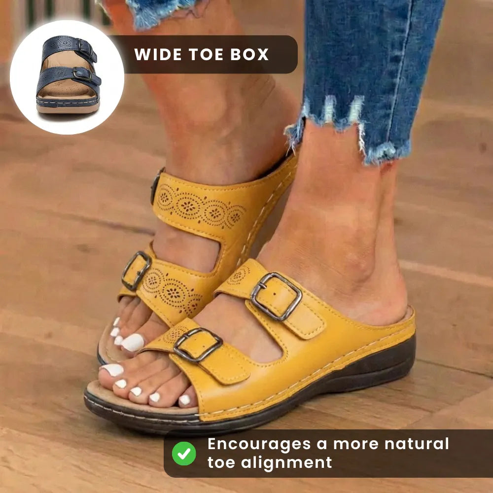 Orthopedic Genuine Leather Platform Slides — Double-Buckle Cutout Design