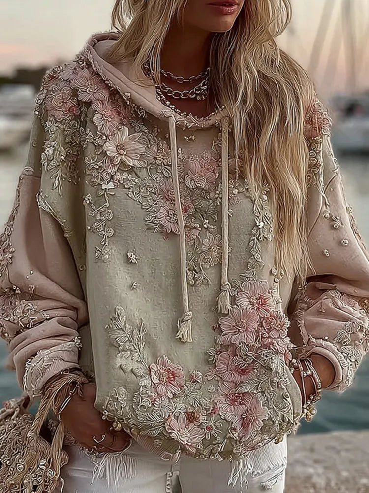 Women's Vintage Pink Floral Embroidery Gradient Art Casual Hoodie
