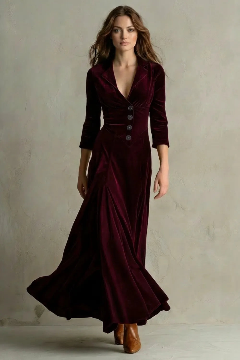 Vintage Velvet Long Dress – Elegant Buttoned Swing Skirt with Lapel Detail