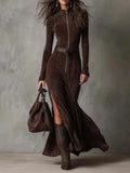 Julina - Chic Long Suede-Effect Dress
