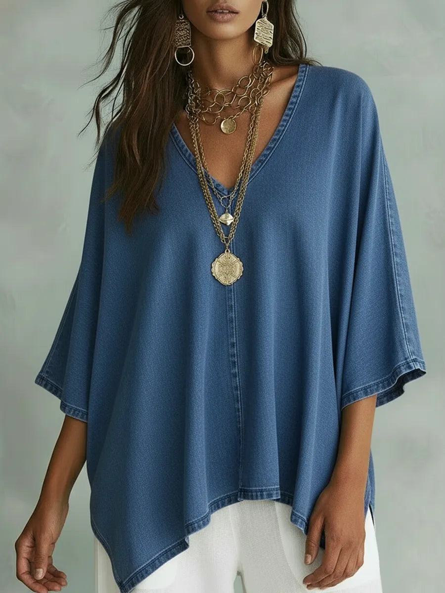 Cozy V-neck Loose-fitting Denim Shirt Top