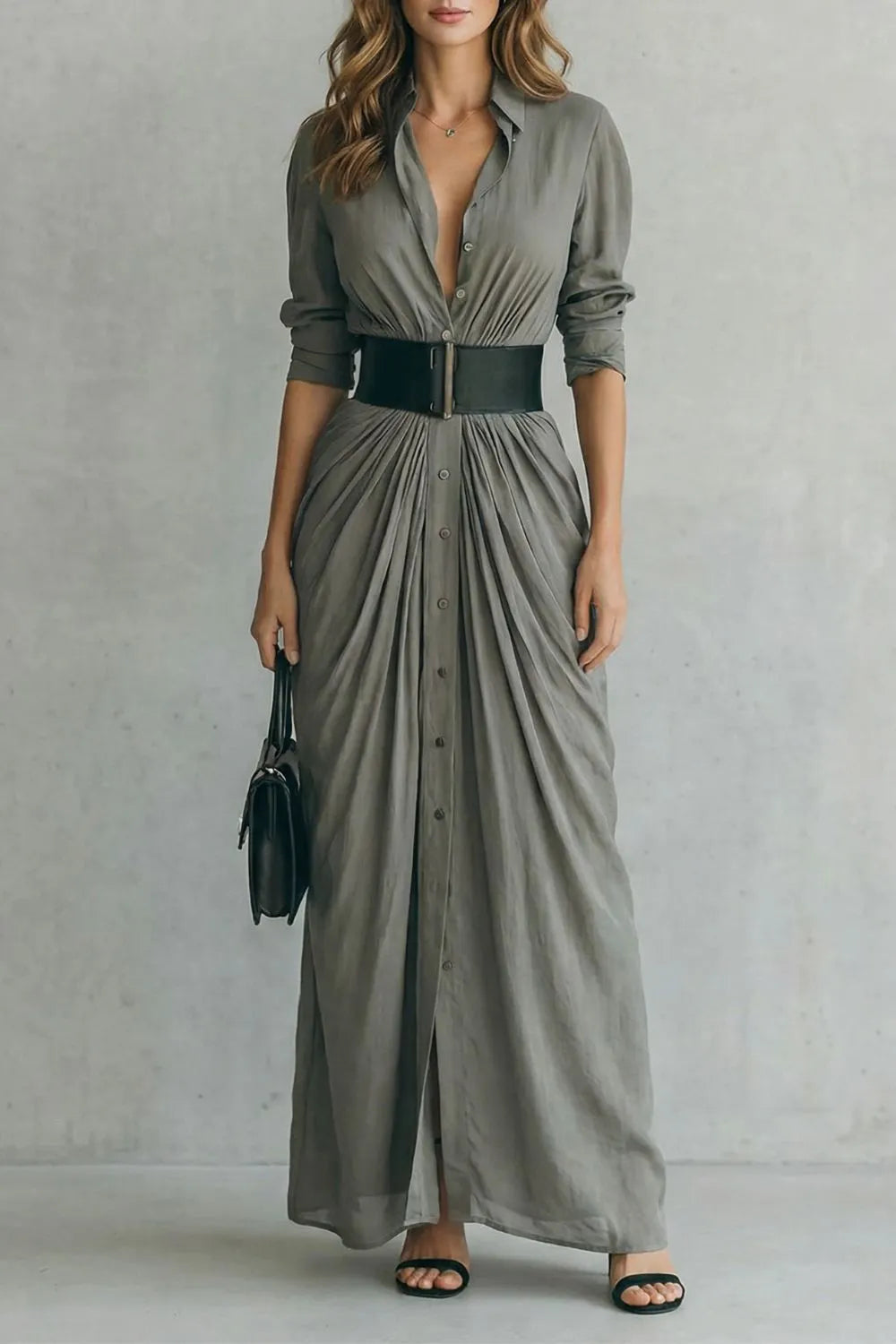 Pleated waist drama – Maxi shirt dress (includes belt)
