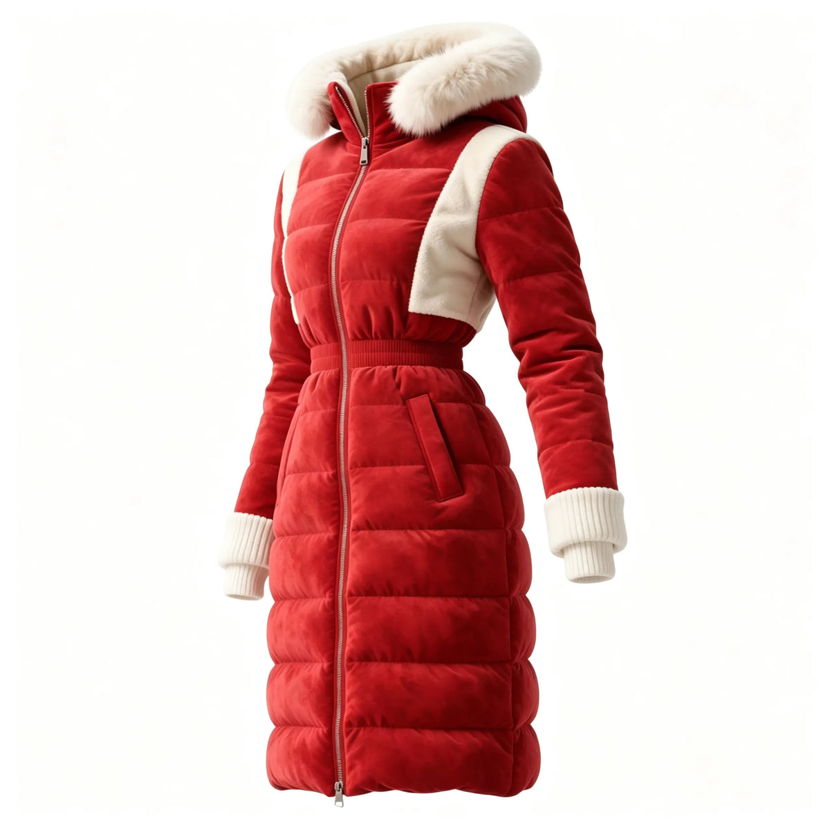Women's Casual Thickened Cotton Jacket Contrast Color Stitching Suede Fur Collar Lapel Hooded Long Coat