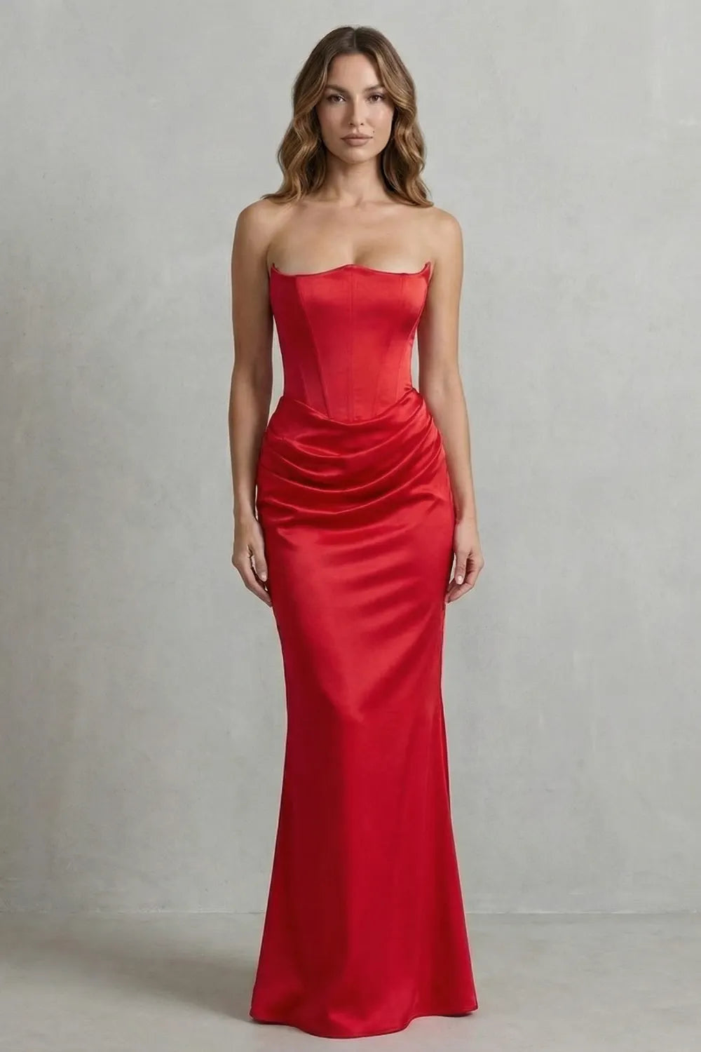 Sculpted satin drape – Strapless corset maxi dress