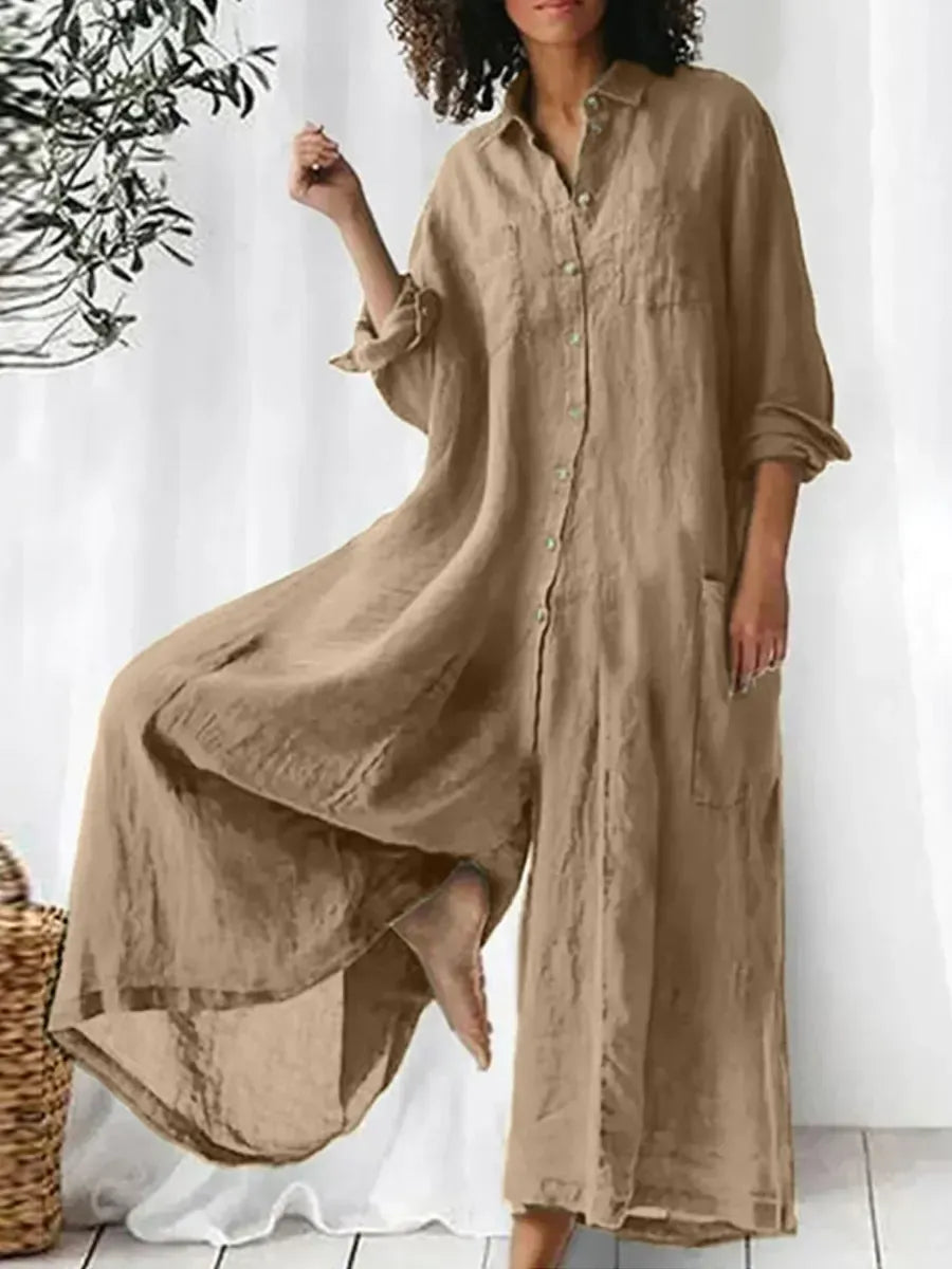 Women's Solid Color Art Casual Long Sleeve Cotton Linen Jumpsuit