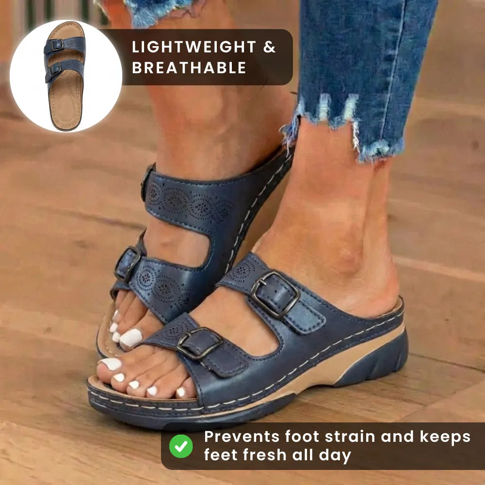 Orthopedic Genuine Leather Platform Slides — Double-Buckle Cutout Design