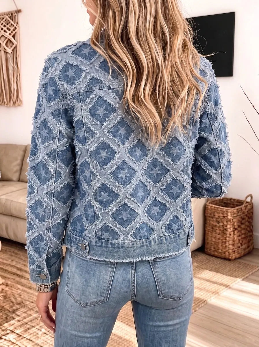 Women Star Patchwork Frayed Denim Jacket, Raw Edge Button‐Down Cropped Jean Outerwear
