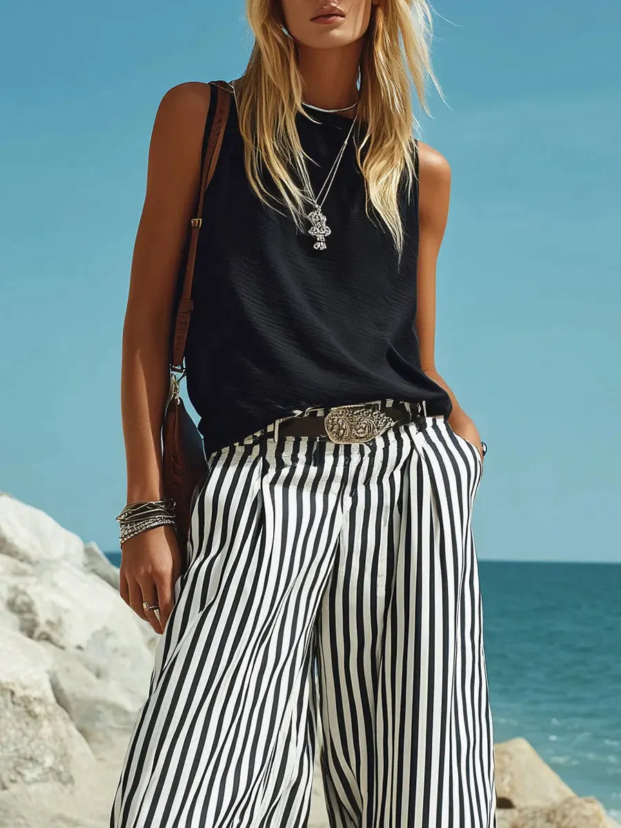 Women's Casual Vacation Cotton Sleeveless Vest And Vertical Striped Wide-leg Pants Set