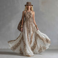 Retro Western-style Halter-neck, Brown, Breathable Knitted Midi Dress With Leopard-print Chiffon Panels