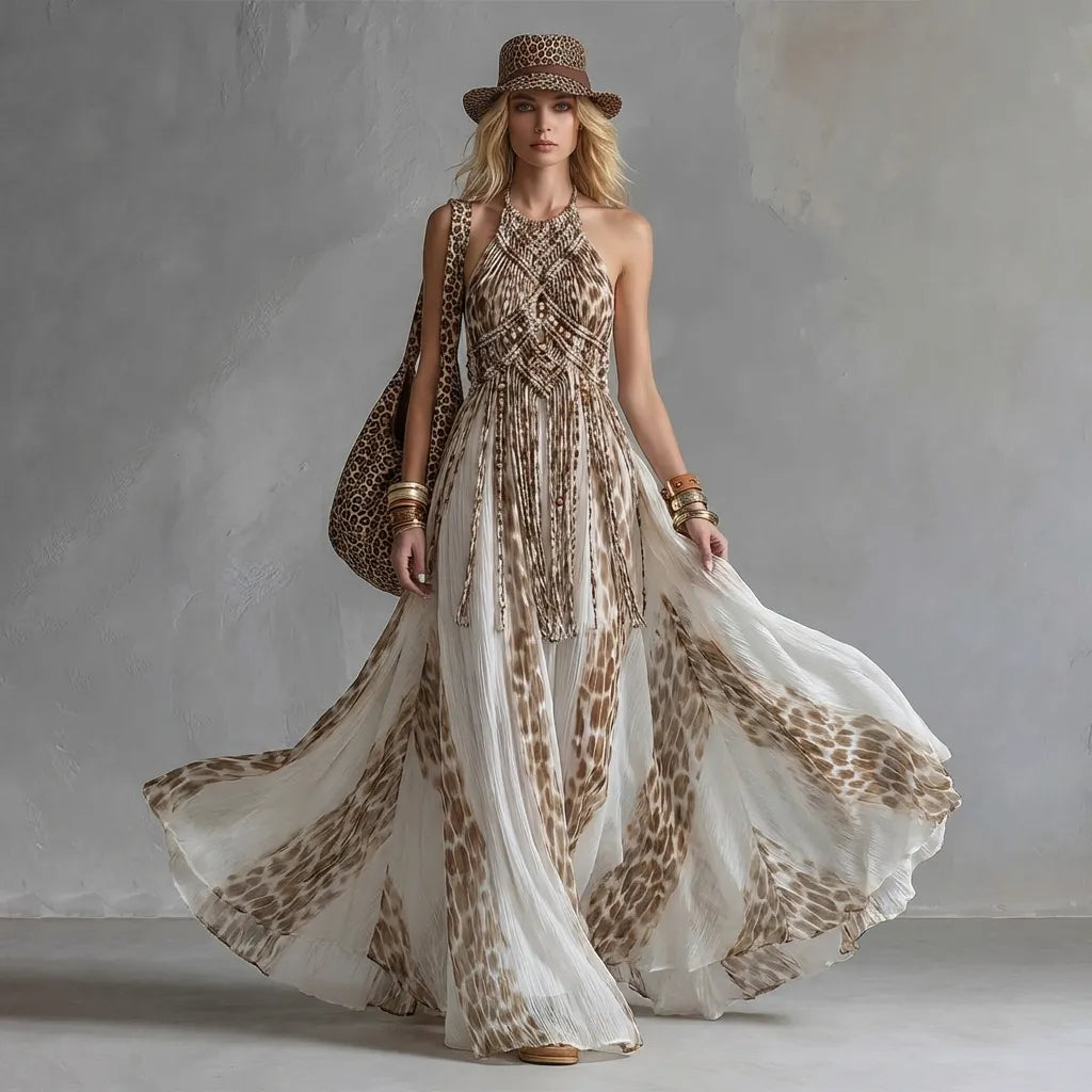 Retro Western-style Halter-neck, Brown, Breathable Knitted Midi Dress With Leopard-print Chiffon Panels