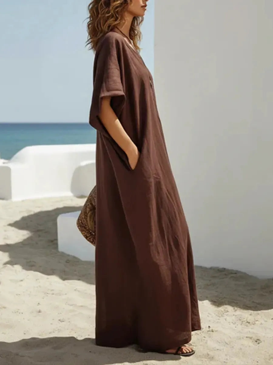 Resort-style V-neck Short-sleeved Loose Maxi Dress