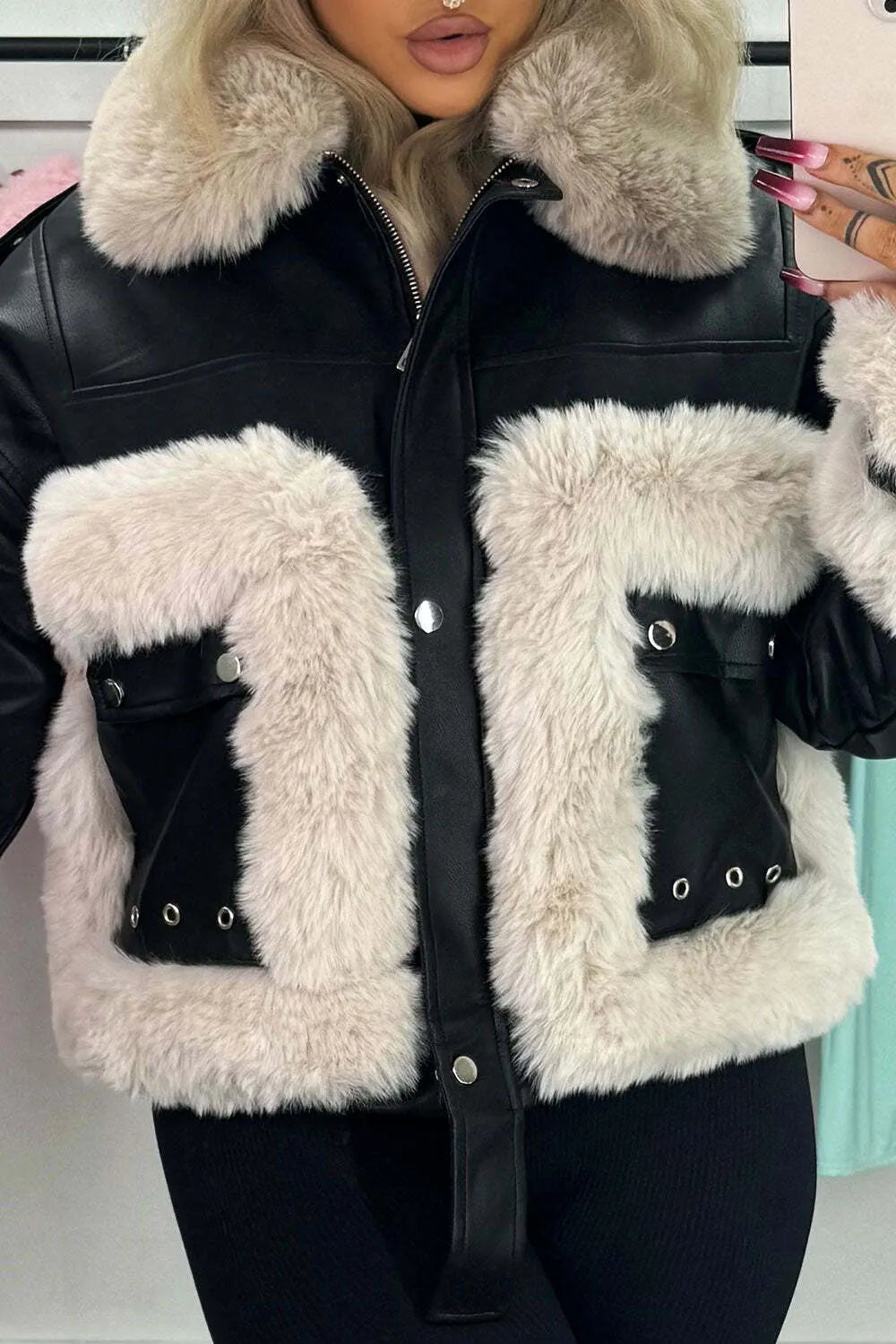 Faux Fur Trim Faux Leather Jacket Black