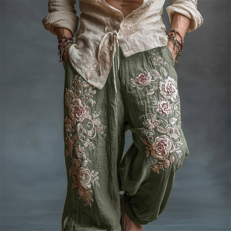 Men's Vintage Roses Embroidered Drawstring Wide Leg Linen Pants
