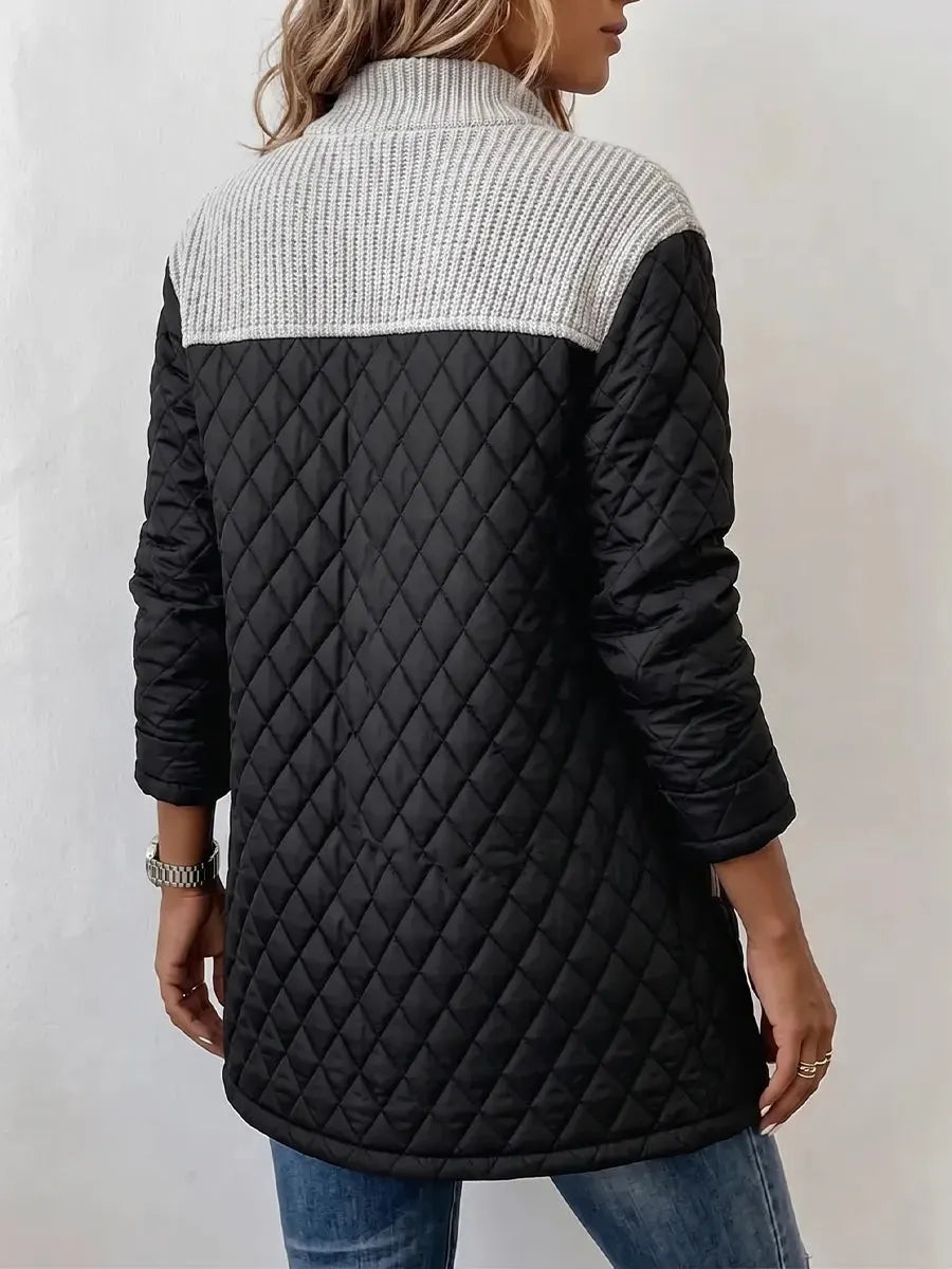 Vintage Elegant Knit Patchwork Pu Quilted Coat