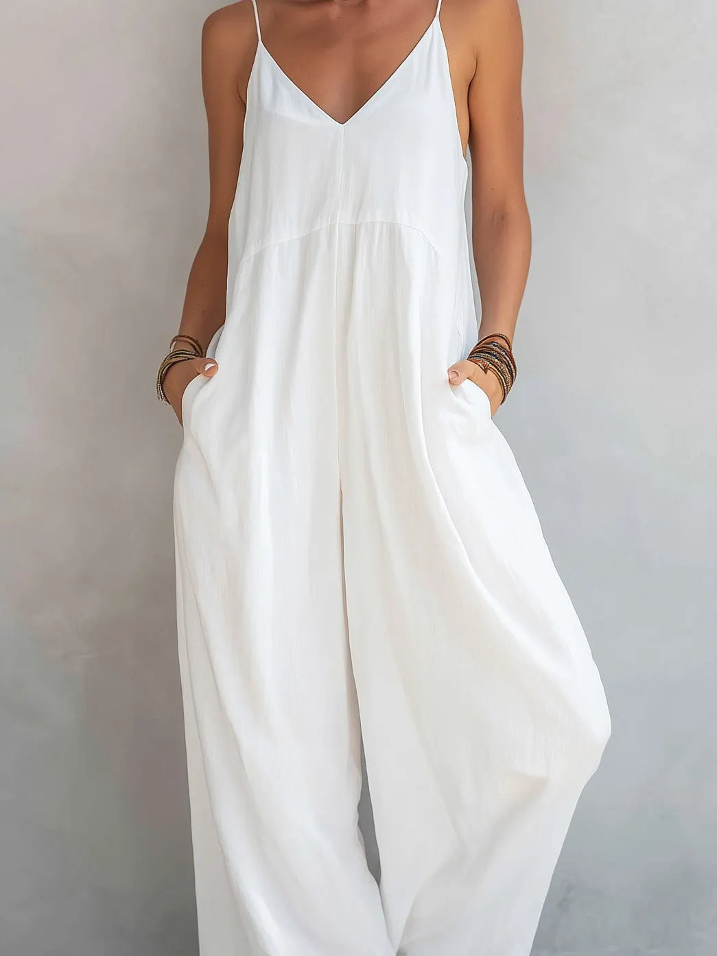 Women's Casual White Cotton-linen Blend Sleeveless Loose Jumpsuit