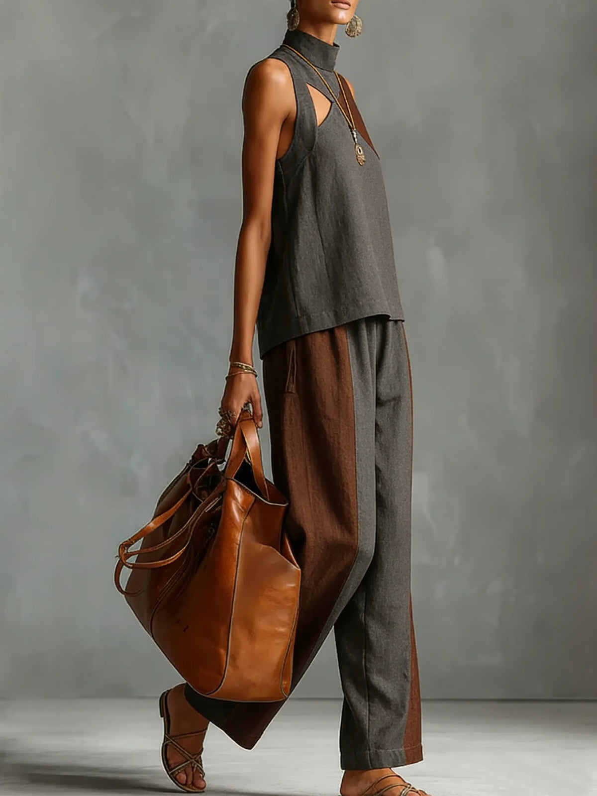 Artistic Color-blocked Cozy Linen Cotton Two-piece Set