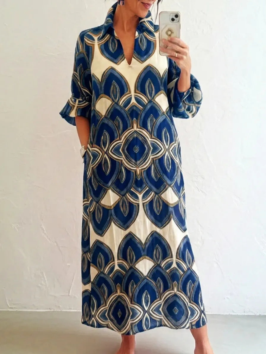 Retro Stand-up Collar Floral Print Loose Linen Cotton Dress