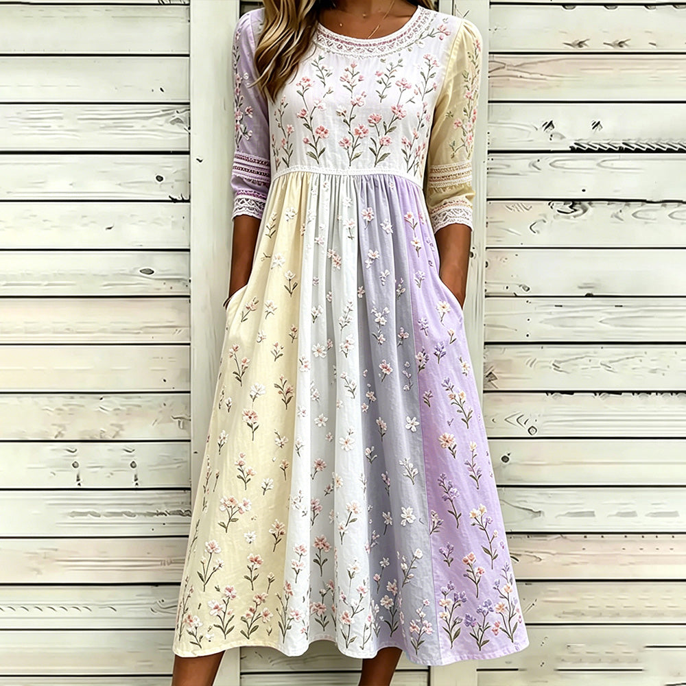 Women's Retro Rose Art Embroidery Color Block Splicing Comfortable Cotton Linen Round Neck Dress