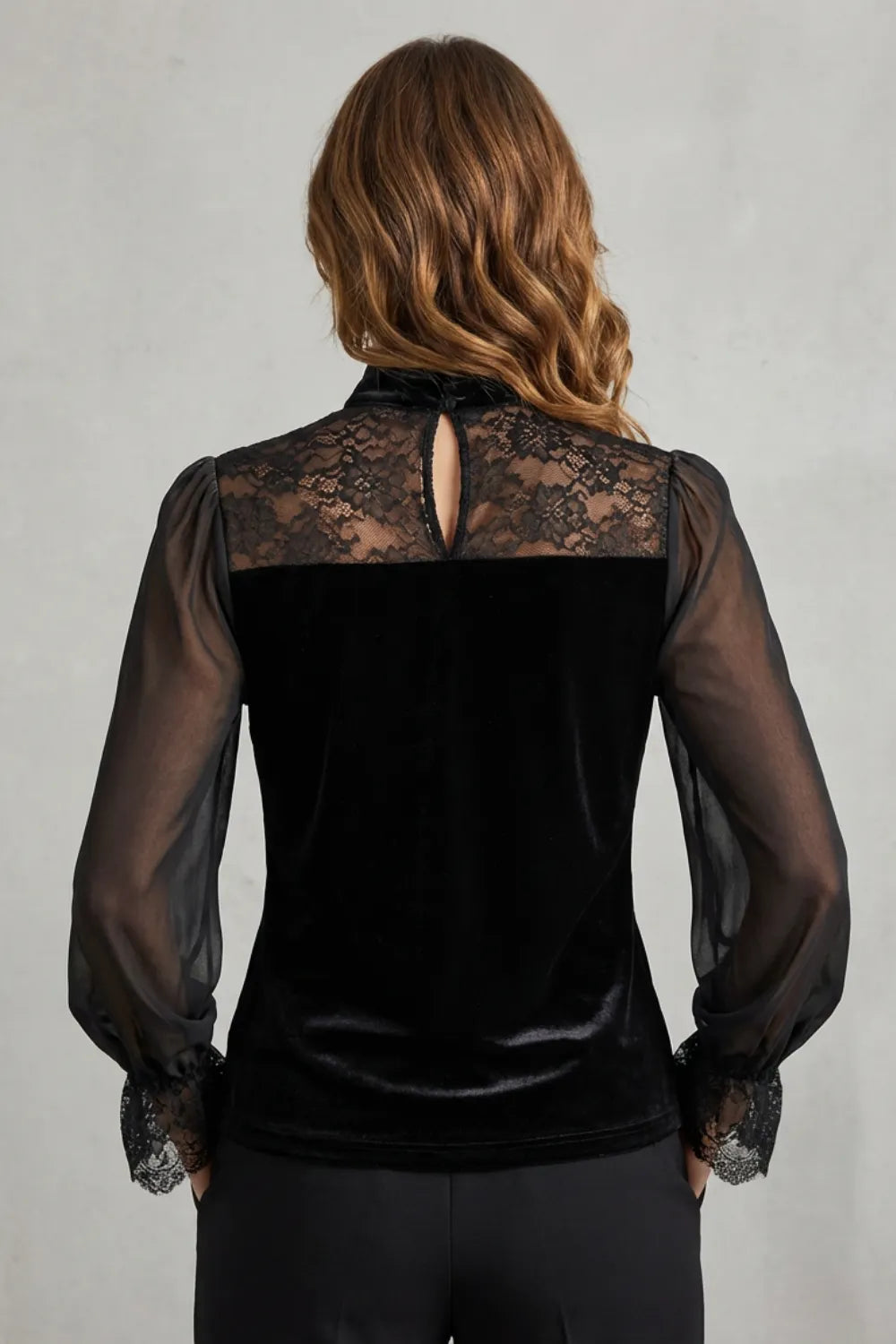 Refined lace trim – Velvet sheer blouse