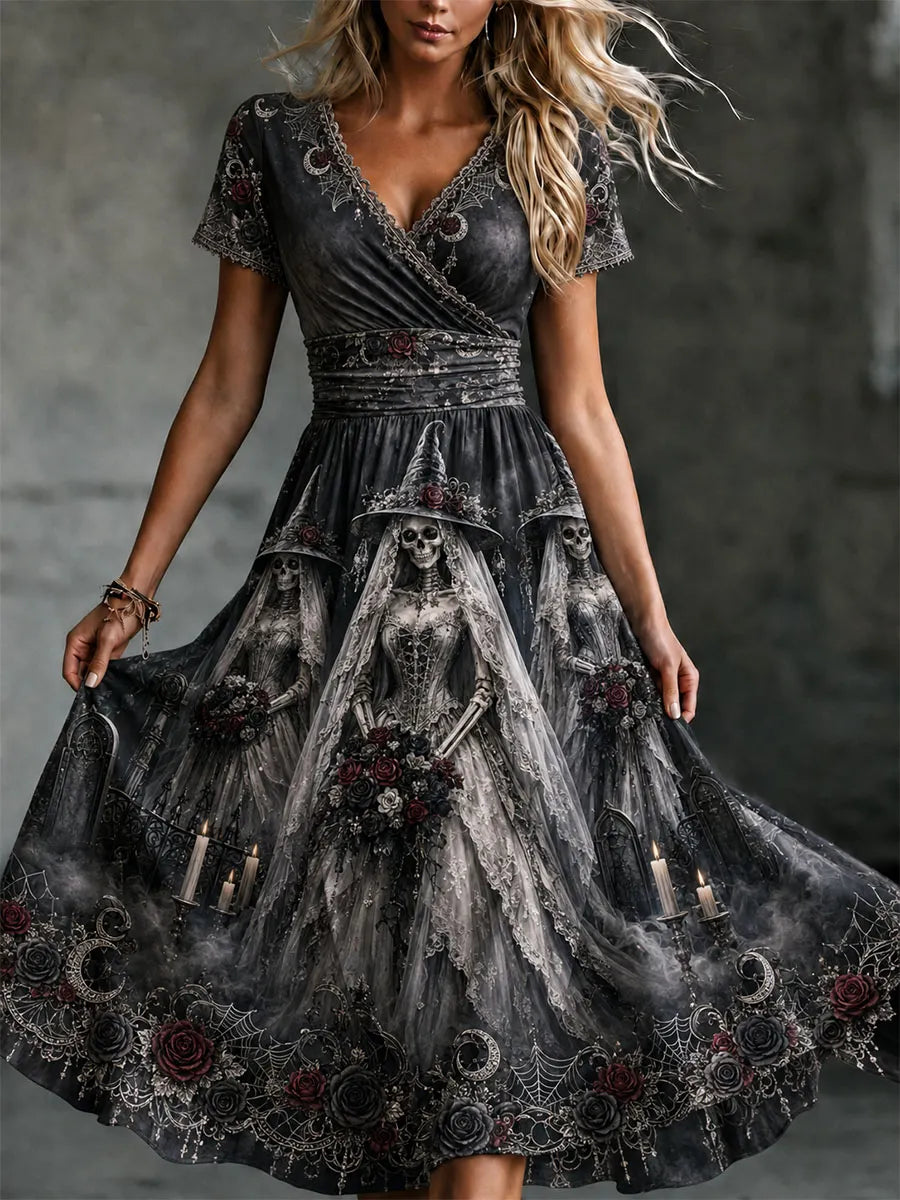 Skeleton Bride Witch Dark Gothic V-Neck Short-Sleeve Dress
