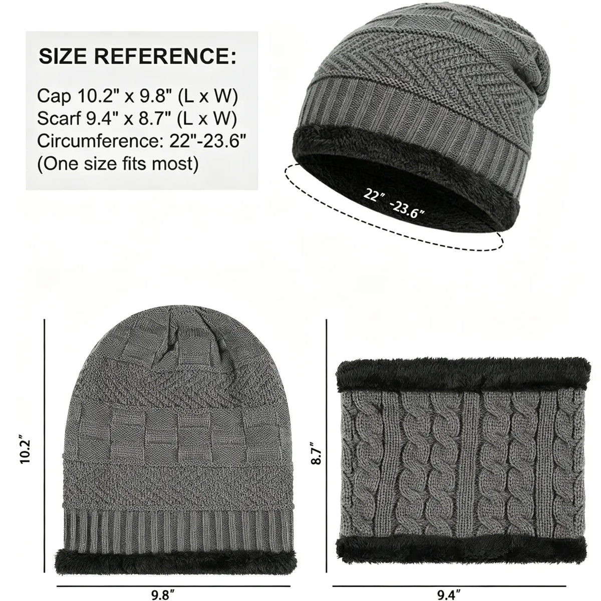 Mens Womens Winter Beanie Hat Scarf Set Warm Knit Hat Thick Fleece Lined Winter Cap
