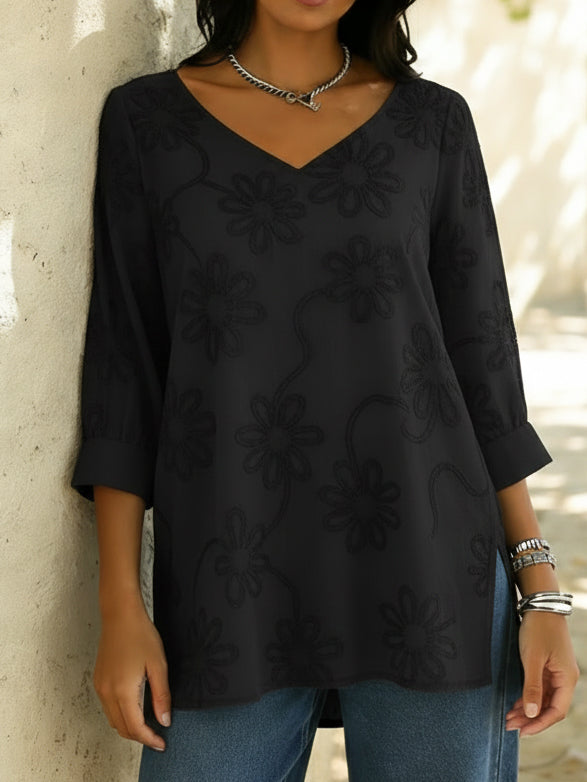 Casual Loose-fitting Floral Embroidery Cotton Shirt Blouse