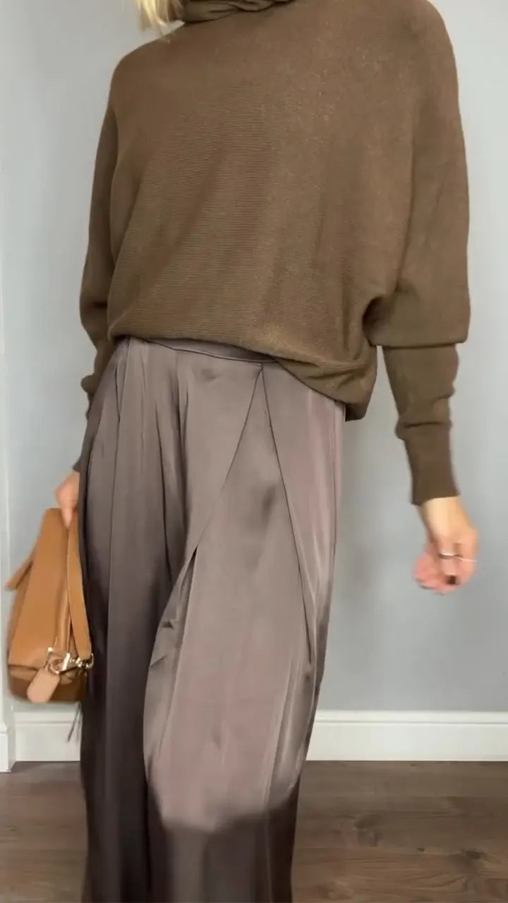 Women Round Neck Solid Color Knitted Top + Pants Casual Suit