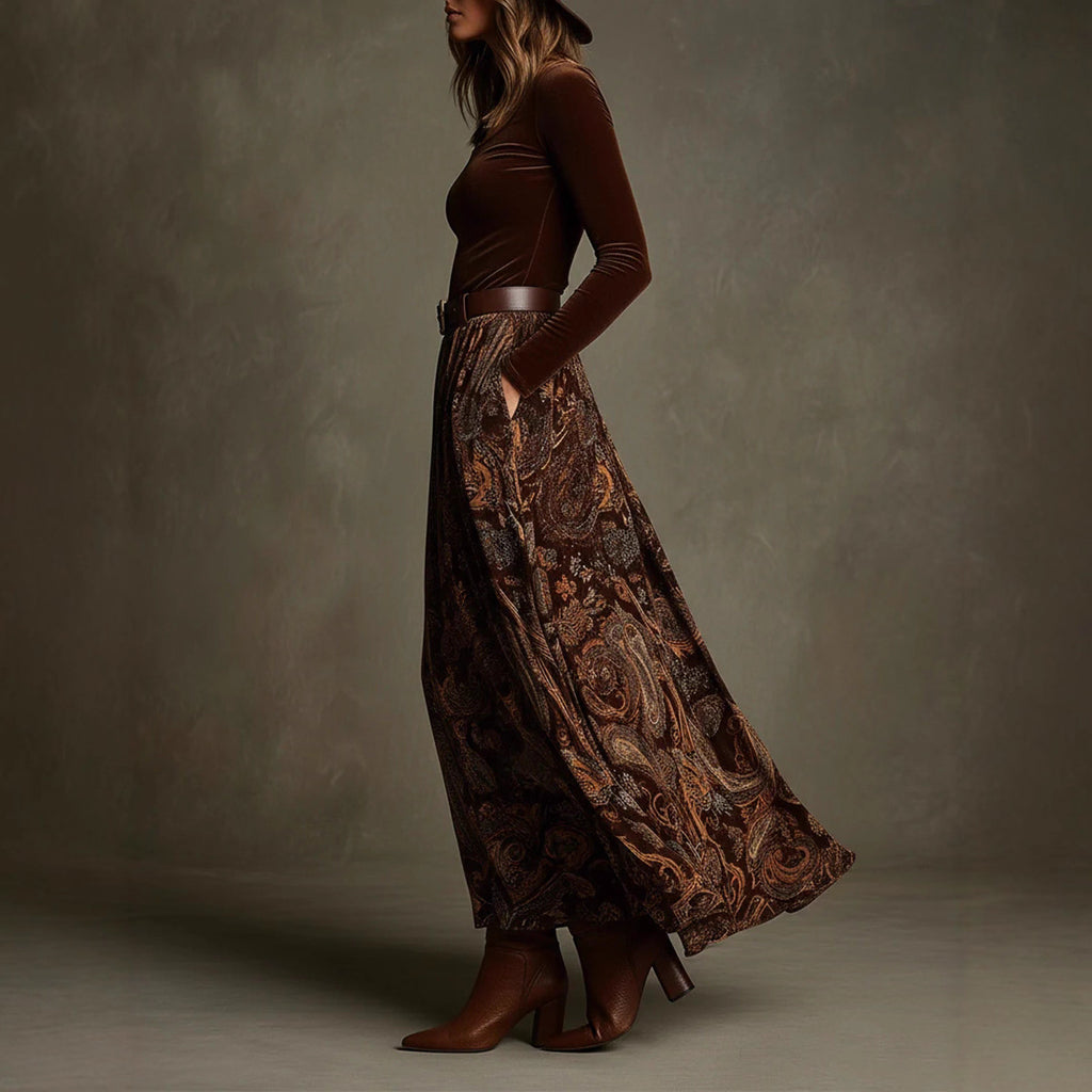 Fitted Top With Belted Waist Paired With A Full-skirted Retro Print Maxi Dress Set