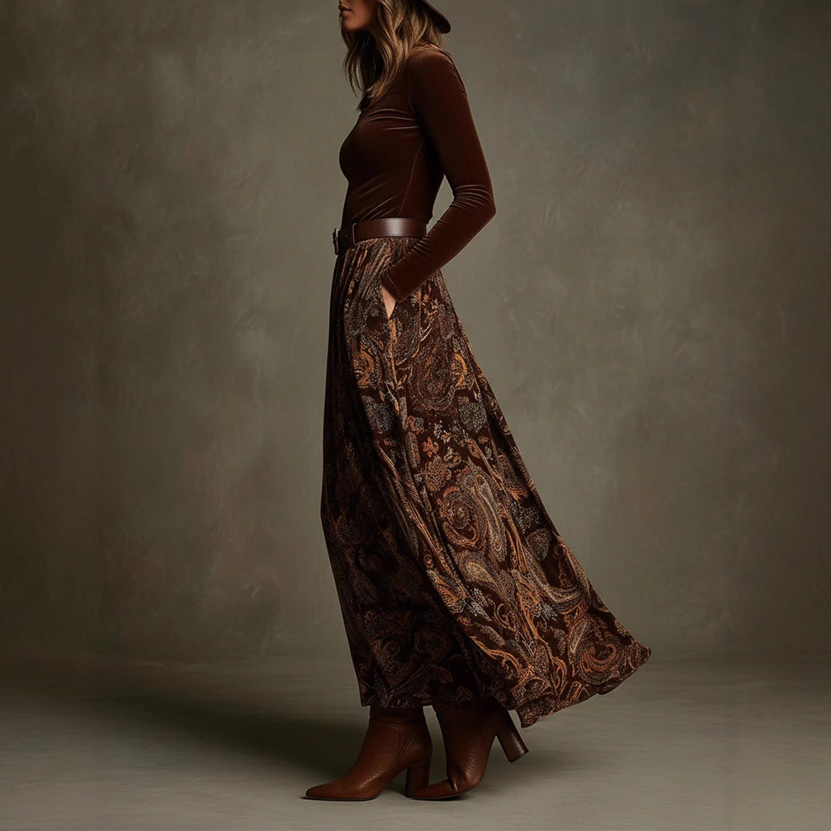 Fitted Top With Belted Waist Paired With A Full-skirted Retro Print Maxi Dress Set