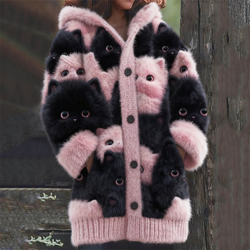 Lovely Pink & Black Cats Fuzzy Knit Hooded Cardigan