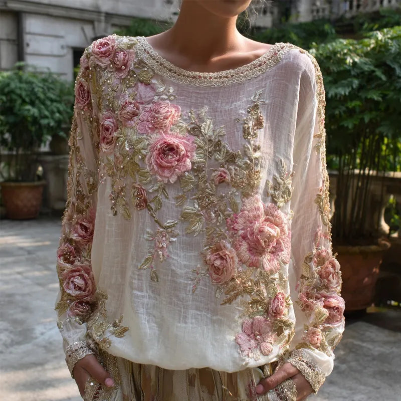 "boho Pink Roses Embroidered Vintage Breathable  Linen Tunic"