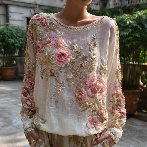 "boho Pink Roses Embroidered Vintage Breathable  Linen Tunic"