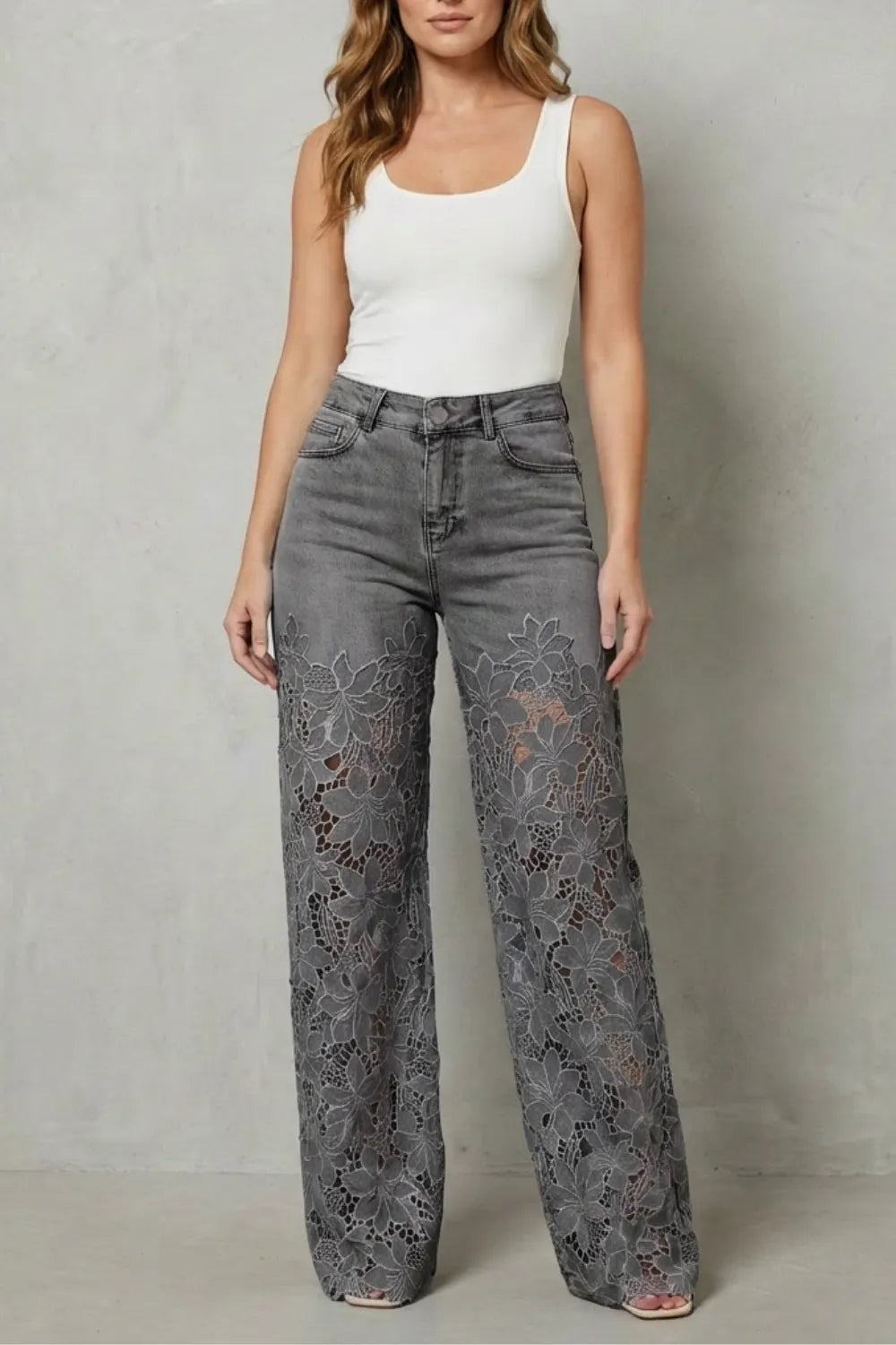 Floral lace overlay – Wide-leg denim jeans