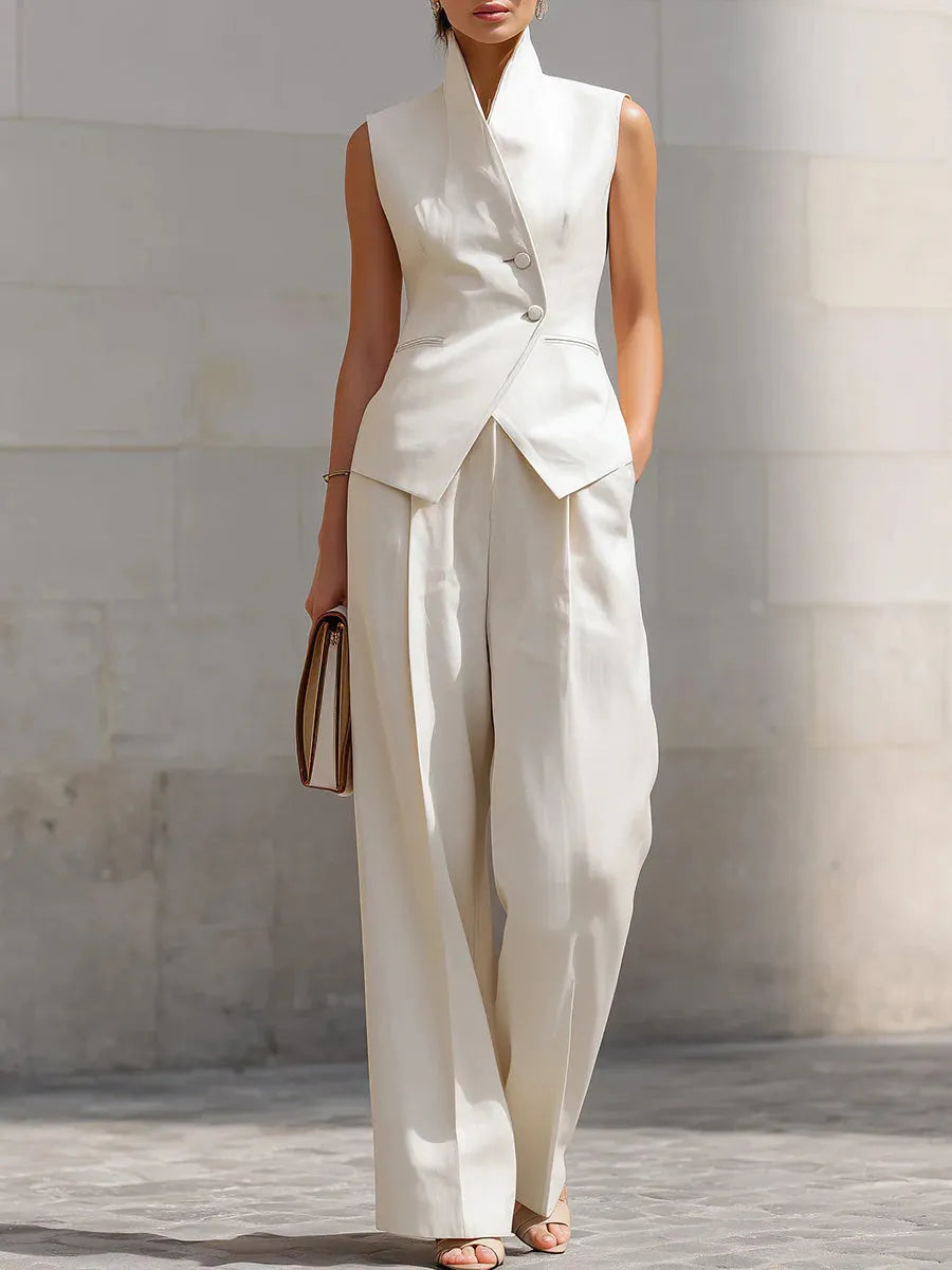 Women's Stand-up Collar Sleeveless Casual Loose Top And High-waisted Casual Loose Wide-leg Pants Cotton Set