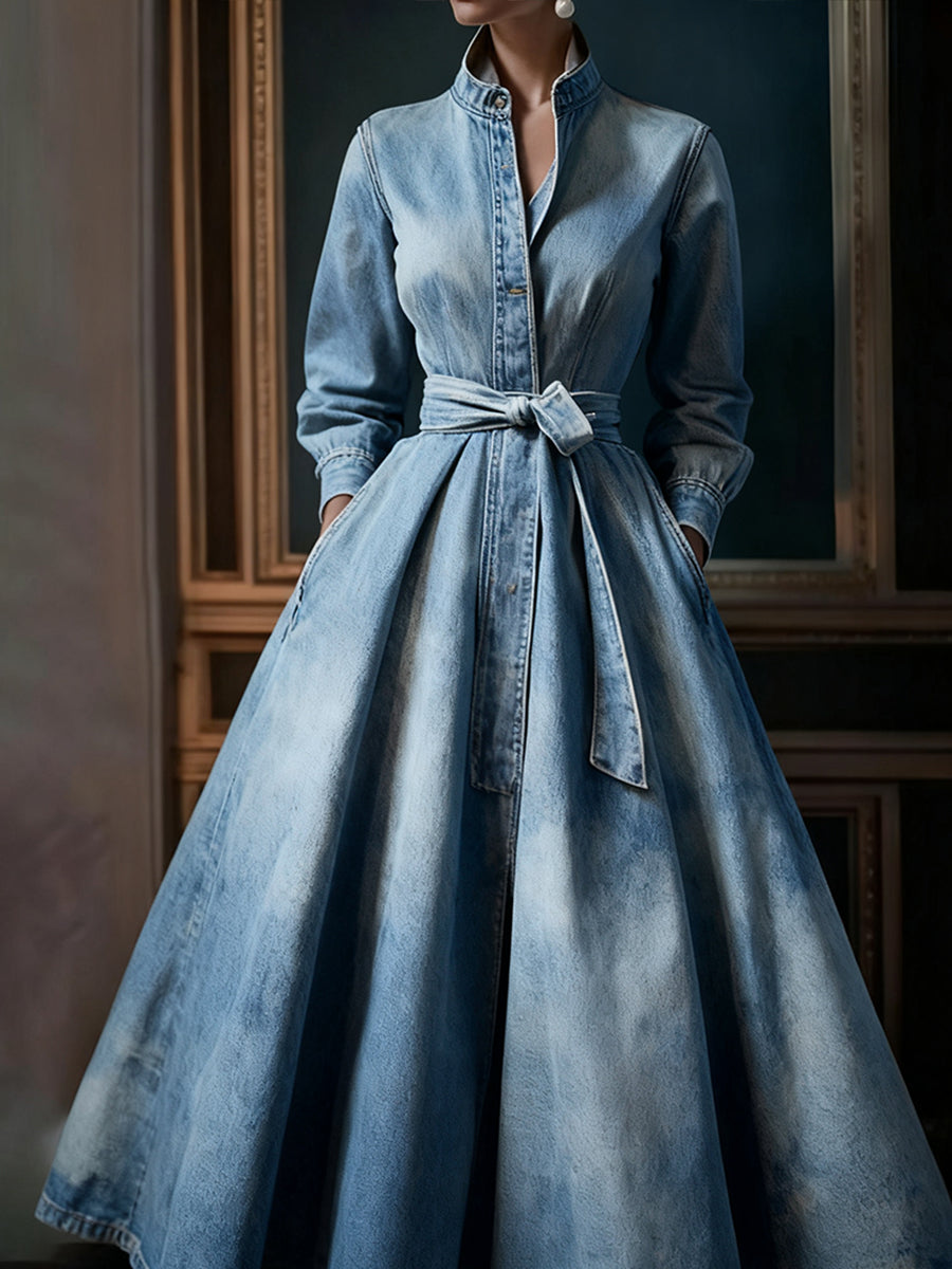 Ursime Light Blue Denim Stand Collar Long Sleeve Pocket Pleated Belt Maxi Dress
