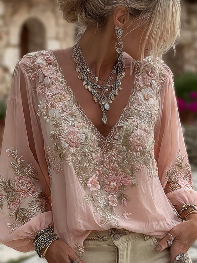 Women's Vintage Pink Floral Embroidered Art Pattern V-neck Long Sleeve Blouse