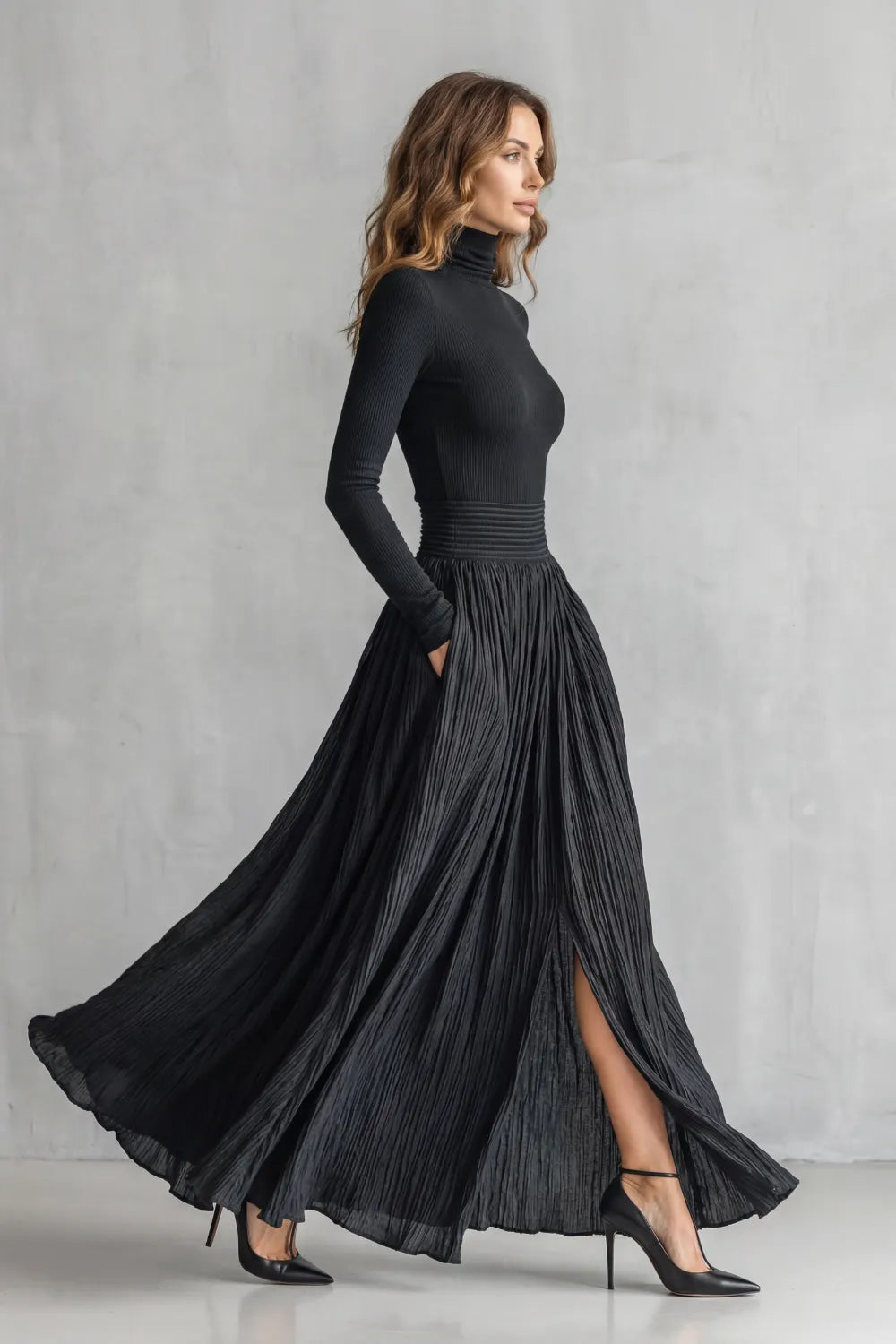 Pleated flow silhouette – Two-piece turtleneck set