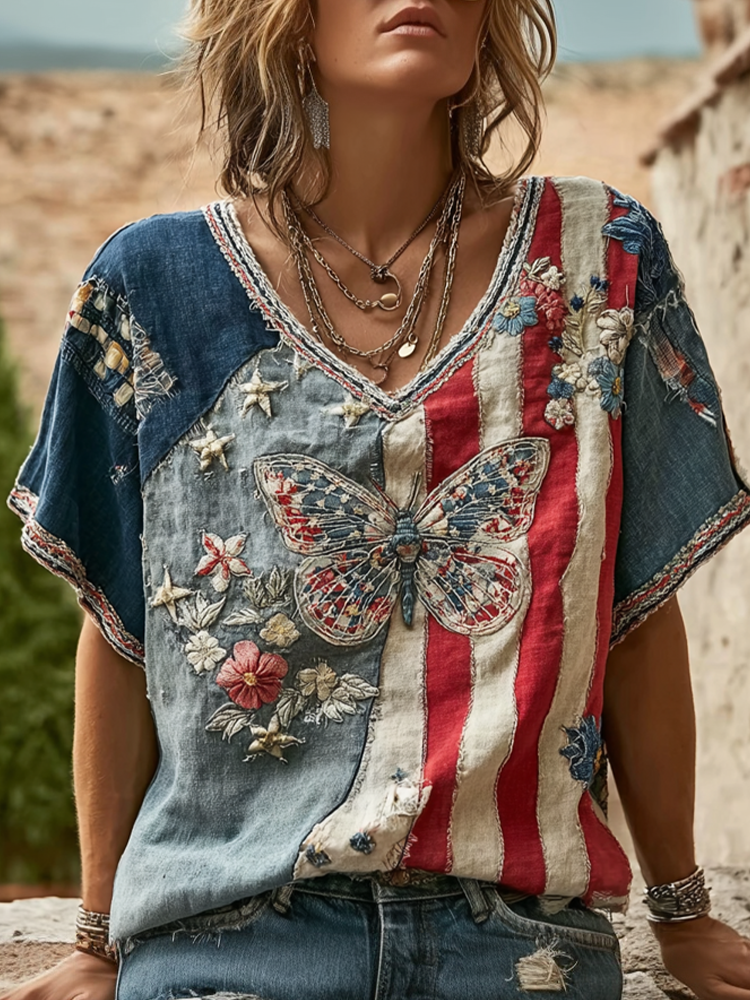 Vintage Butterfly And Flowers American Flag Linen T-shirt