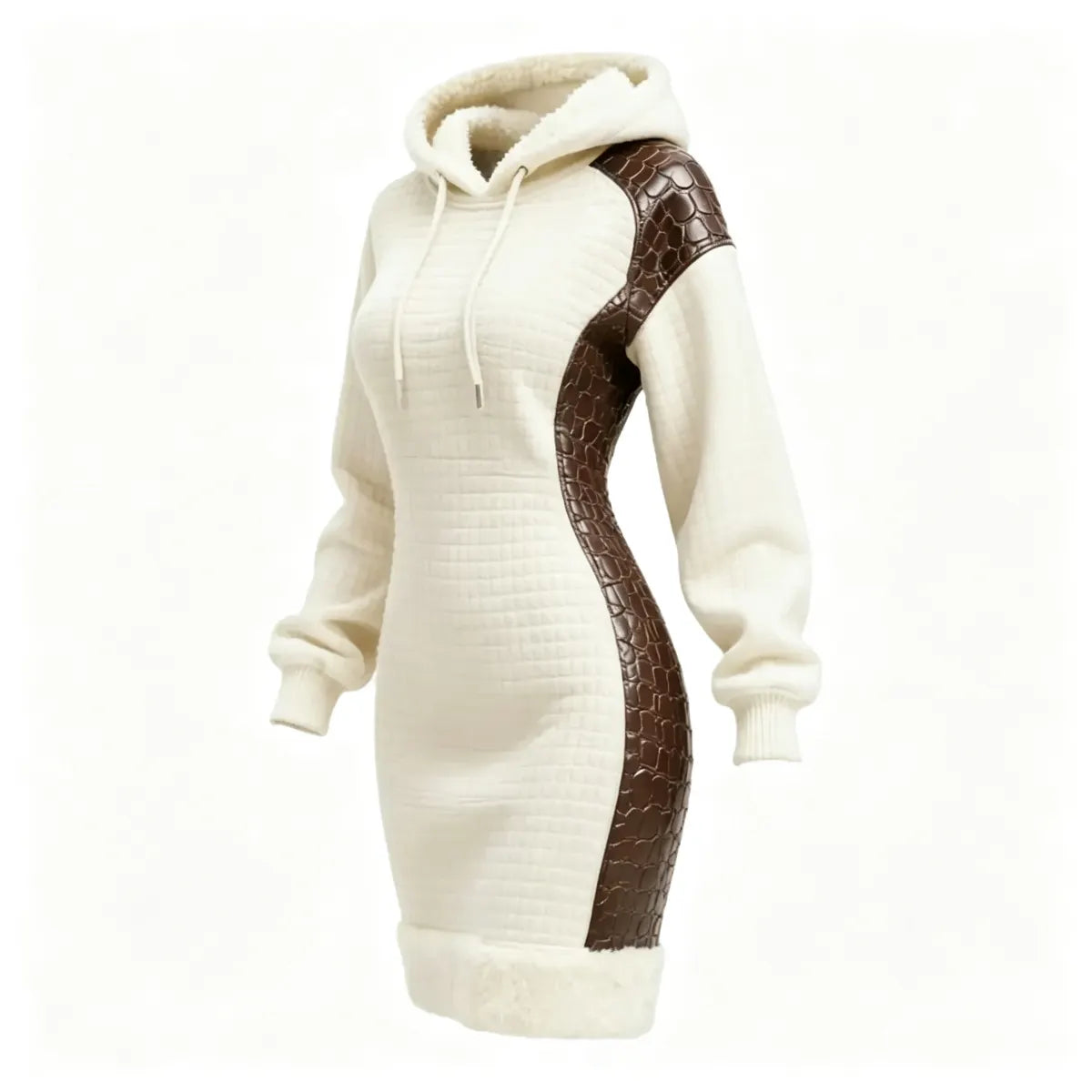 Women's Contrast Color Stitching Suede Lambswool Lapel Hooded Long Sweatshirt Dress