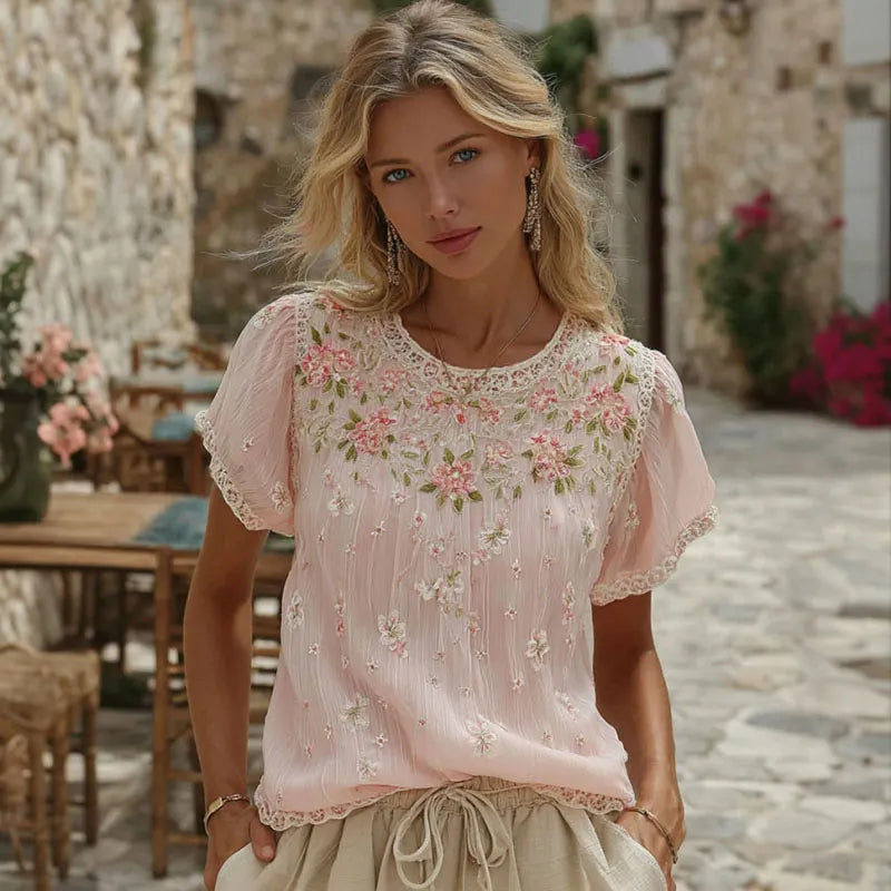Women's Retro Floral Embroidery Casual Cotton Linen Short-sleeve T-shirt