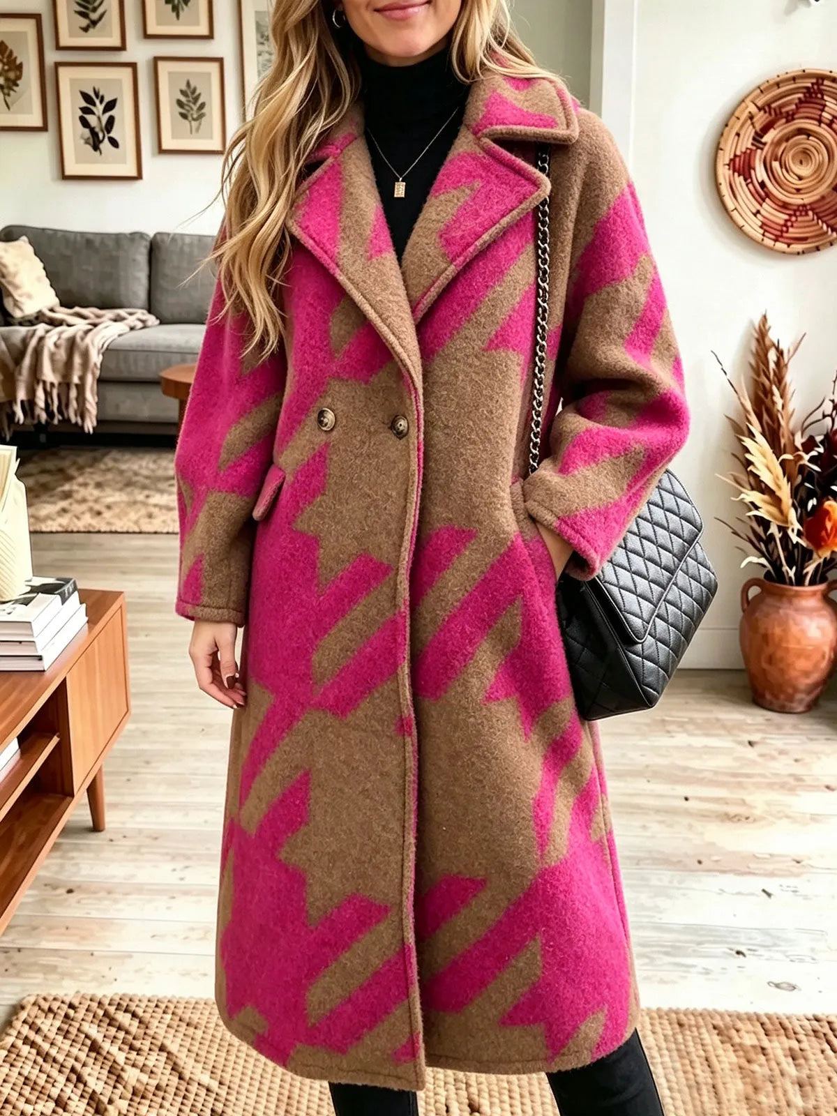 Women Lapel Winter Geometric Jacquard Double‐breasted Long Wool Blend Coat Overcoat